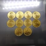 ชุด 10 เหรียญ เหรียญ 2 บาท หมุนเวียน สีทอง พ.ศ.2558 ไม่ผ่านใช้