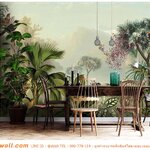 วอลเปเปอร์พิมพ์ลายสวนป่าสีเขียว ตกแต่งภายในห้องอาหาร เพลิดเพลินกับบรรยากาศธรรมชาติใต้แสงเทียน