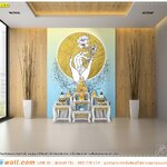 การจัดตกแต่งมุมห้องพระขนาดเล็กในบ้าน ตกแต่งง่ายๆ ด้วยลายมือถือดอกบัวในวงพระจันทร์พื้นหลังสีฟ้า สร้างบรรยากาศ น่าเลื่อมใส