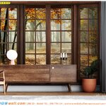 Print wallpaper ตกแต่งบ้าน ภาพสามมิติลายหน้าต่างไม้วิวป่าไม้ฤดูใบไม้ร่วง ที่สวยงาม