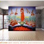 ภาพลวดลายตกแต่งห้องพระ เรื่องราวทางพระพุทธศาสนา ภาพพระพุทธเจ้าเปิดโลกเหตุการณ์สำคัญวันออกพรรษา