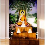 สั่งทำวอลเปเปอร์ออกแบบฟรี ตกแต่งฉากหลังโต๊ะหมู่บูชา ภาพวาดพุทธประวัติพระพุทธเจ้าตรัสรู้ใต้ต้นศรีมหาโพธิ์ สร้างบรรยากาศสงบสุข