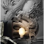 ปริ้นวอลเปเปอร์ ราคาไม่แพง ตกแต่งห้องนอน ภาพรูปปั้นมังกรกับนกฟีนิกซ์ ดูเงียบสงบเเละเรียบง่าย