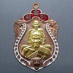 เหรียญเสมาเสือคาบดาบ 3 เนื้อนวะ หน้ากากชุบทอง ลงยาขอบขาว ซุ้มแดง หลังเสือคู่ หลวงพ่อพัฒน์ วัดห้วยด้วน โคท 96