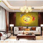 ภาพวิว ภาพศิลปะ ตามสั่ง ตกแต่งห้องรับแขกแบบจีน ภาพปลาคาร์ฟหลากสีแปดตัวพื้นหลังสีเหลืองทอง เสริมฮวงจุ้ย สุดหรูหรา