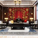 ปริ้นวอลเปเปอร์ ตกแต่งบ้าน ภาพจีนมงคลลายมังกรพันเสาและเมืองจีนพื้นหลังสีแดง แบบจีนย้อนยุค