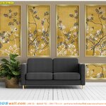 ภาพแคนวาส ติดบ้าน ตกแต่งห้องรับแขก ให้สวยงามด้วยภาพลายจิตรกรรมลายดอกไม้พื้นสีเหลืองทองในกรอบสวยๆ