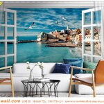 ภาพแคนวาส ติดห้องนั่งเล่น เหมือนอยู่ติดทะเล บรรยากาศสดชื่น ด้วยวอลเปเปอร์สามมิติลายหน้าต่างขาววิวเมืองติดทะเล