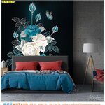 Print wallpaper ภาพคมชัด ตกแต่งผนังหัวเตียง ลายช่อดอกไม้สีขาวฟ้าและผีเสื้อ เพิ่มความสวยงามอย่างลงตัว