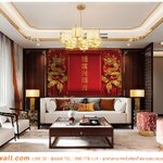 วอลเปเปอร์ติดผนังภาพวิว ตกแต่งห้องรับเเขก โทนสีขาวสะอาดตา ด้วยภาพอักษรจีนมงคลและมังกรทองพื้นหลังสีเเดง มีความหมายที่ดี