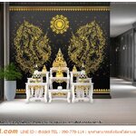 ภาพลายไทยแต่งห้องพระ รูปพญานาคเส้นสีทองพื้นหลังสีดำ โดดเด่น มีเอกลักษณ์