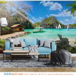 วอลเปเปอร์สั่งทำผ้าแคนวาสตกแต่งห้องรับแขก วิวทะเล โทนสีฟ้าสวยๆ