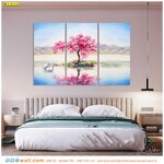 ภาพพิมพ์วอลเปเปอร์ แต่งห้องนอน ด้วยภาพดอกซากุระบานสะพรั่ง เเละสีสันของท้องฟ้าสะท้อนในน้ำ ดูมีเสน่ห์เเเบบโรเเมนติก