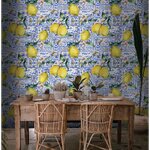 Print wallpaper ติดผนัง ตกแต่งร้านอาหาร วอลเปเปอร์ต่อลายเลม่อนบนกำแพง ลวดลายของผลไม้ จะช่วยกระตุ้นความอยากอาหารมากขึ้น