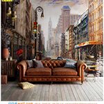 ภาพพิมพ์แคนวาสตกแต่งห้องนั่งเล่นเพิ่มโซฟาหนัง ด้วยภาพวาดวิวถนนเมืองนิวยอร์กสุดคลาสสิค ทำให้ห้องมีเสน่ห์มากยิ่งขึ้น
