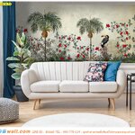ภาพแคนวาส ติดห้องนั่งเล่น ลายดอกไม้สีแดงกับนกพื้นสีครีม หรูหราสวยงาม ทำให้มีความลงตัว