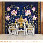 วอลเปเปอร์สั่งพิมพ์ ตามขนาด ปรับปรุงห้องพระในราคาไม่แพง ลายดอกบัวหลวงพื้นสีน้ำเงิน แต่งขอบลายไทย อ่อนช้อย ผ่อนคลาย