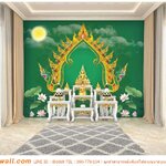 ภาพมงคลแต่งห้องพระ ลายดอกบัวซุ้มพญานาคพื้นสีเขียว เด่นสง่า สวยงาม สบายตา