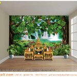 ภาพลวดลายตกแต่งห้องพระ ลายลิขสิทธิ์ภาพต้นโพธิ์ใหญ่พื้นหลังน้ำตกและดอกบัว สวยงาม บ้านร่มเย็น