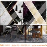 ปริ้นวอลเปเปอร์ ติดห้องอาหาร รูปลายหินอ่อนทรงเรขาคณิตสีดำ ขาว ทอง ได้อย่างสวยหรู