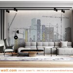 Print Wallpaper ติดผนังห้องนั่งเล่น ลายตึกเมือง