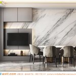 ผ้าแคนวาส ติดผนังห้องรับประทานอาหาร ตกแต่งด้วยภาพลายหินอ่อน ให้ความรู้สึกแข็งแกร่ง มีสไตล์