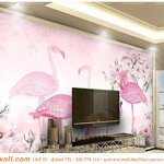 ปริ้นวอลเปเปอร์ แต่งผนัง ตกแต่งผนังหลังทีวี ลายฝูงนกฟลามิงโก้ในสวนดอกไม้สีชมพู สไตล์หวานๆ