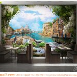 วอลเปเปอร์ติดผนังภาพวิว แต่งผนังร้านอาหาร ลายดอกไม้ที่พักริมน้ำ สวยคลาสสิค สไตล์ยุโรป เเบบเรียบง่าย