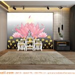 วอลเปเปอร์ฉากหลังหิ้งพระ ลายดอกบัวหลวงสีชมพูดอกใหญ่พริ้วไหว สีเรียบ คุมโทน ดูสงบสุขุม