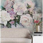 ผ้าแคนวาส แต่งห้องรับแขก ลายภาพวาดช่อดอกไม้ใหญ่ สีสันอ่อนหวานบนกำเเพง ดูละมุน โรเเมนติก รู้สึกผ่อนคลาย