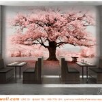 ภาพศิลปะ ผ้าCanvas ขนาดใหญ่ ติดผนังในร้านอาหาร ด้วยภาพวาดต้นซากุระสีชมพู สวยงามเเละมีเอกลักษณ์