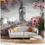 วอลเปเปอร์ภาพวาดติดห้องรับแขก ลายแจกันดอกกุหลาบวิวหอนาฬิกาบิกเบนกลางกรุงลอนดอน สไตล์อบอุ่น