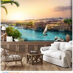 รับติดภาพวิว ภาพศิลปะ ออกเเบบห้องนั่งเล่น ในบรรยากาศพระอาทิตย์ตกริมทะเลฝั่งยุโรป ด้วยทัศนียภาพอันน่าทึ่ง เน้นโซฟาโทนสีขาวคลาสสิก