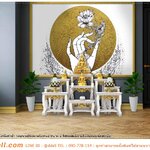 บริการ พิมพ์วอลเปเปอร์ห้องพระ ลายมือถือดอกบัวในวงพระจันทร์พื้นหลังสีขาว สีเรียบง่าย เพิ่มความเป็นสิริมงคลให้กับสถานที่