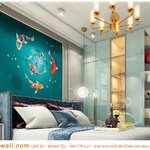 วอลเปเปอร์ภาพวิว ติดผนังห้องนอน ภาพปลาคาร์ฟหลากสีแปดตัวพื้นหลังสีเขียวอมฟ้า เสริมความโชคดีและความสุข สวยงาม