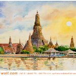 วอลเปเปอร์สั่งพิมพ์ตามแบบภาพวาดสีน้ำวัดอรุณ ตกแต่งในห้องรับแขก เหมือนยกวิววัดอรุณยามเย็นสวยๆ มาไว้ในบ้าน