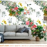 ผลิต wallpaper ไม่แพง ตกแต่งห้องนั่งเล่น ภาพลายพุ่มใบไม้กับดอกไม้ ที่สวยโดดเด่น