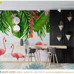 พิมพ์วอลเปเปอร์ ติดห้องกินข้าว ลายฝูงฟลามิงโก้และใบไม้สีเขียวสดใส น่ารักๆ