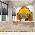 สั่งทำ WALLPAPER แบบห้องพระสวยๆ ลายหินอ่อน กับลายไทยพญานาคล้อมดวงจันทร์ พื้นสีเหลืองทองลายดอกประจำยาม ที่มีความสวยหรู