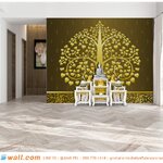 วอลเปเปอร์สั่งพิมพ์ภาพ ลายใบโพธิ์สีทอง พื้นสีน้ำตาล ทำให้ห้องพระมีความโดดเด่น