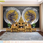 สั่งทำวอลเปเปอร์ติดผนัง ฉากหลังห้องพระสวยๆ ลายไทยพญานาคล้อมดวงจันทร์พื้นหลังสีดำ ได้คุณภาพเกินราคา