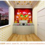 wallpaper ห้องพระ ฉากหลังพระพุทธรูป ตกแต่งลายดอกบัวพ้นน้ำพื้นหลังสีแดง งดงาม