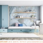 Print wallpaper ตกแต่งผนังภายในบ้าน ลายหินอ่อนฟ้าขาวริ้วทอง เข้ากับเฟอร์นิเจอร์ และทำให้สบายตา