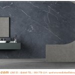 ผ้าแคนวาส สั่งผลิต ตกแต่งห้องน้ำ รูปลายหินอ่อนธรรมชาติสีเทาเข้ม เพิ่มเสน่ห์ให้กับผนัง ไม่เหมือนใคร