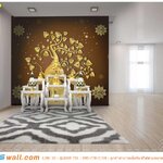 ภาพลายไทยดอกลอยต้นโพธิ์ทองแต่งห้องพระ แบบพื้นที่กว้าง พื้นหลังสีน้ำตาล ติดผ้าม่านโปร่ง ทำให้ห้องมีแสงสว่างที่เพียงพอ