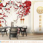 ภาพพิมพ์วอลเปเปอร์ ตกแต่งห้องรับเเขก ภาพอักษรจีนมงคลสีทองพื้นหลังสีขาวกับดอกไม้สีแดง ช่วยทำให้ดูสว่างเเละกว้างขึ้นได้