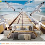 ปริ้นวอลเปเปอร์ ติดหัวเตียง ภาพลายสะพานไม้ทะเลนกนางนวลท้องฟ้าแจ่มใส สั่งผลิตได้ตามขนาด