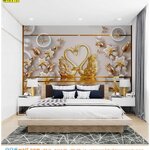 วอลเปเปอร์ติดผนังภาพวิว ไม่แพง เสริมฮวงจุ้ยคู่รัก ตกแต่งห้องนอน ลายหงส์คู่สีทองและดอกไม้กลีบขาว เติมความรักให้หอมหวาน