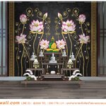 ภาพฉากหลังโต๊ะหมู่บูชา ลายดอกบัวหลวงพื้นสีดำ ประดับขอบลายประจำยาม โต๊ะหมู่สีเข้ม สวย มีเอกลักษณ์เป็นของตัวเอง