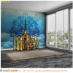 วอลเปเปอร์ฉากหลังหิ้งพระ ลายไทยต้นโพธิ์สีน้ำเงิน พื้นหลังเฆมสีฟ้า ผนังสวย เป็นมงคล